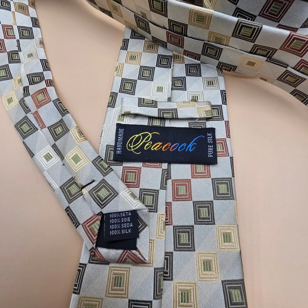 Peacock Silk Tie Geometric Square Pattern Sage Green Silver Handmade Necktie